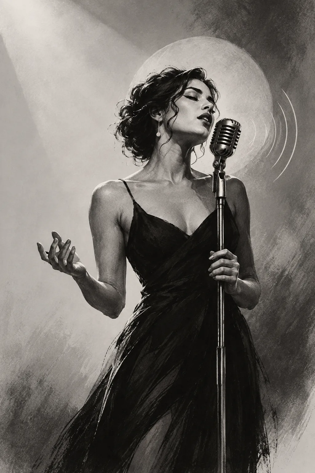 Black and white illustration of a vocalist singing into a microphone